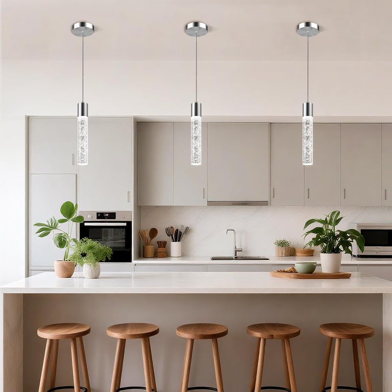 Esfos Pendant Lights Kitchen Island, 6500K Modern Kitchen Island Lights Brushed Nickel, 3 Pack Ceiling Lighting Fixtures with Crystal Bubble, Integrated LED Hanging Light for Dining Room Restaurant - Image 2